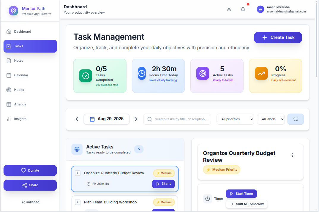 MentorPath Tasks Dashboard - Beautiful task management interface with KPI cards, task list, and productivity tracking